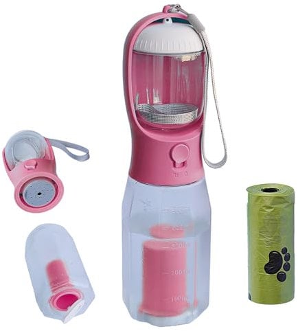 PANJAL Portable Dog Water Bottle 600ml, 4 in1 Multi Function Leak Proof BPA-Free Poo Bag Dispenser Snack Compartment Carbon Filter - Outdoor Walking Hiking Travel - Pink