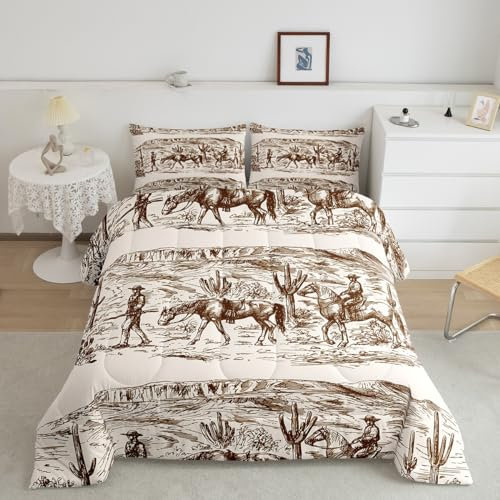 Wild West Tröster-Set Twin Cowboys Bettwäsche Für Mann Teens Junge Amerikanische Westliche Wüste Jagd Reiten Bettwäsche Tröster-Sets Handgezeichnete Illustration Berg Kaktus Zimmer Dekor Bettdecke