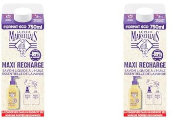 Le Petit Marseillais | Maxi Recharge Gel Lavant Mains au Pur Savon & Lavande (brique de 750 ml) – Recharge savon liquide pour flacon-pompe – Savon mains à l’huile essentielle de lavande (Lot de 2)
