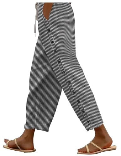EMATOP 7/8 Leinenhose Damen Sommer Leicht Sporthose Baumwolle Leinen Stoffhose Lockere Einfarbig Sommerhose Lässig High Waist Strandhose mit Taschen Freizeithose Elegant Haremshose für Frauen