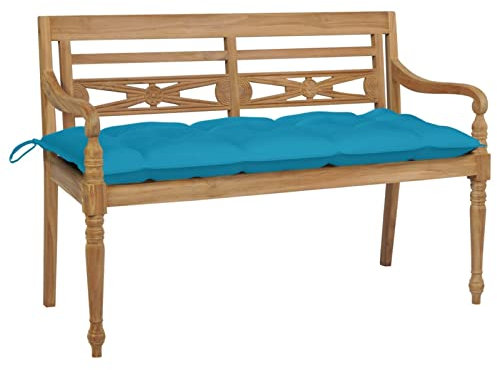 Chaduof Batavia-Gartenbank mit Hellblauem Kissen, Sitzbank Outdoor, Parkbank, Balkon Bank Kleiner Balkon, Garten Bänke, Park Benches, 120 cm Teak Massivholz