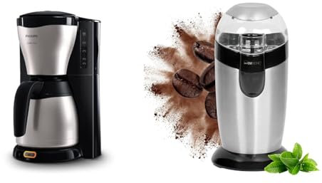 Philips Filterkaffeemaschine – 1.2-Liter-Thermoskanne & Clatronic elektrische Kaffeemühle, Kaffeemühle mit Edelstahlschlagmesser, Fassungsvermögen 40 g, 120-Watt Motor, edelstahl/schwarz, KSW 3307