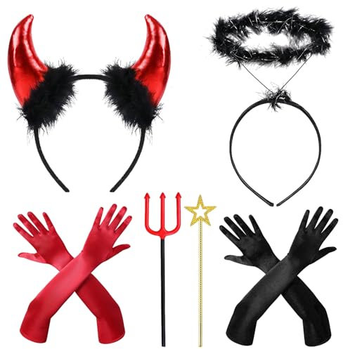 Halloween Kostüm Teufel, Teufel Accessoires Damen, Teufel Kostüm für Damen Mädchen, Teufel Haarreifen Teufelshörner Handschuhe Teufelheugabel Zauberstab für Karneval Fasching Halloween
