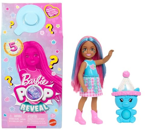 Barbie Chelsea Pop Reveal Doll Set, Shakes Series with 5 Surprises Including Scented Small Doll, Pop-It Pet & Color Change (Styles May Vary), JCN89
