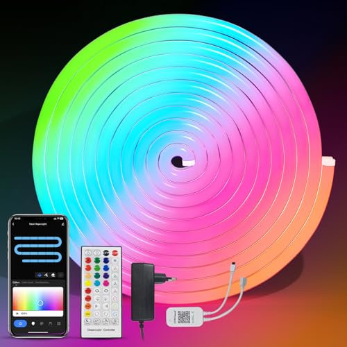 BRIMAX RGBIC LED Streifen Neon 10M App-Steuerung und Fernbedienung Mit 24V 2.5A Netzstecker 840 Leds DIY-Schneiderei Hochflexibel LED Strip IP67 Wasserdicht Musik-Modus für Räume, Partys, Geschäfte