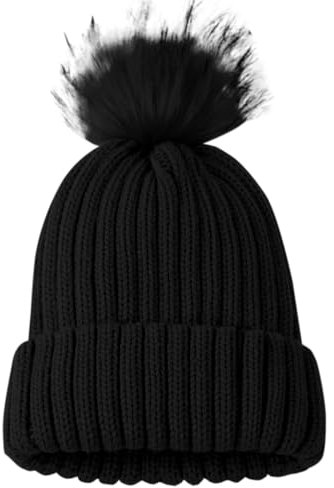 Winter-Jagdmütze für Damen, Strickmütze mit Kunstbommel, warme Strickmütze für Damen, Winterjagdkleidung, Schwarz , Einheitsgröße