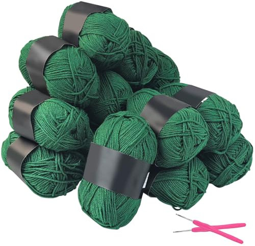 15-Packungen Acrylgarn-Knäuel mit Häkelhaken Uni Strickgarn aus 100% Polyacryl 50g/132m Grün