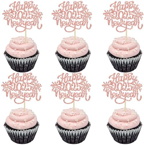 Gyufise Lot de 24 décorations de cupcakes à paillettes « Happy New Year » 2025 - Feux d'artifice - Décorations de gâteaux pour la bienvenue 2025 - Fournitures de fête - Or rose