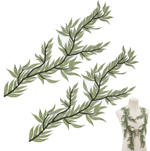 NBEADS 2 Stk. Blätter Applique Patches, 58x20cm 3D Spitze Spitzenapplikation mit Blättern Gesticktes Aufnähen von Aufnähern für Craft Hochzeit Prom Kleid Jeans Kleidung, Dunkles Meeresgrün