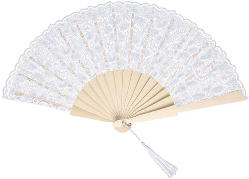 choyaxo White Lace Handheld Fan Bamboo Silk Folding Fans for Women Wedding Decoration Dancing Party