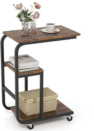 COSTWAY Beistelltisch, Sofatisch mit Rollen, C-Form, 3 Ebenen Kaffeetisch mobil, Wohnzimmertisch Metallrahmen, für Kaffee und Laptop, 53 x 30 x 70 cm, Industrie-Design (1)