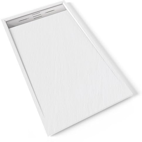 HIEMAL INOX Receveur de douche 80 x 140 cm résine Blanc aspect ardoise + bonde inox incluse - Salle de bain