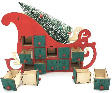 Weihnachtlicher Schlittenbaum Holz Adventskalender Countdown Party Dekor 24 Schubladen mit LED-Licht Ornament