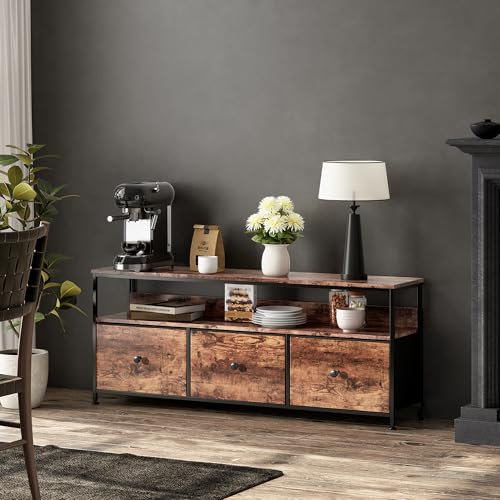JiaOyu Mueble de TV con iluminación LED y 3 cajones de tela, armario bajo retro para televisores de hasta 55 pulgadas, mesa multifuncional con compartimentos abiertos para salón (marrón/3 cajones, 137