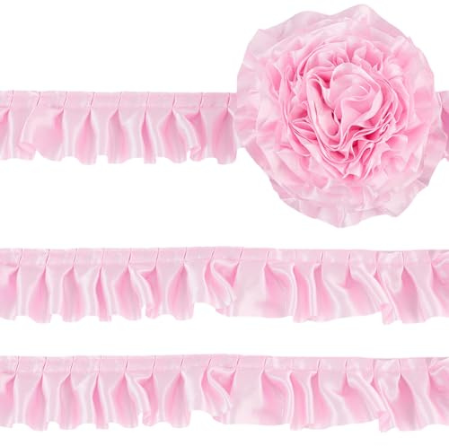 GORGECRAFT 10 m × 4cm Satin Spitzenband Rüschenbesatz Plissiertes Stoffband Polyester Fransen Spitzenrandbesatz Dekoration Für Kleidung Dekoration DIY Nähen Basteln (Pink)
