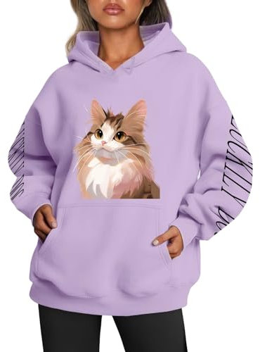 Generisch Elegante sudadera con capucha para mujer con mangas de letras de gatito, diseño moderno para ocio y deporte (A2-Purple, M), A2-lila., M