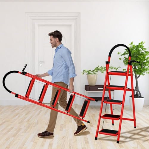 Scaletta pieghevole a 5 gradini di carico massimo di 150 kg pedali larghi braccioli a scala a scomparsa leggeri per casa, cucina, armadio e ufficio, 152 x 87 x 39 cm - 5 gradini (rosso)
