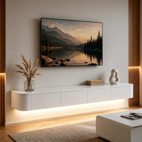 Ribanedy Modern Floating TV Unit with LED Lighting | Wall-Mounted Entertainment Media Console | Large Storage TV Bench for Living Room & Office (White, 200 cm)