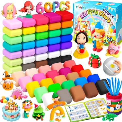 Bridokit Modelliermasse Lufttrocknend, 60 Packungen Lufttrocknender Knete | Extra Weißer Magische Knete, Knetpresse, Modellierwerkzeugen, Anleitungsheft, DIY Kreativ-Set Knete für Kinder ab 3-12 Jahren
