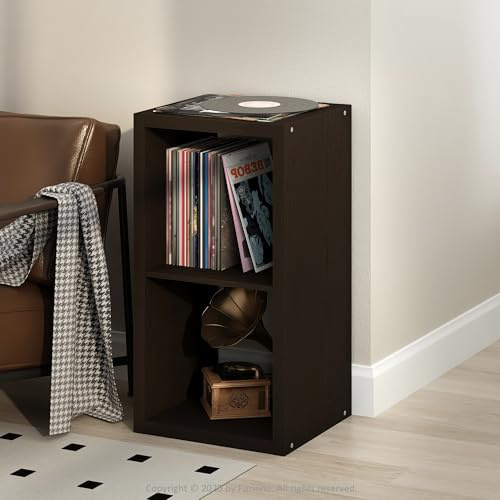 Furinno Cubicle Plattenspieler Regal mit Vinyl Aufbewahrung, 2-Würfel 1.2 Extra Dicke Vinyl Aufbewahrung, Medienregal für CD DVD Blueray Spiel Discs, für Wohnzimmer, Schwarz Dunkle Eiche