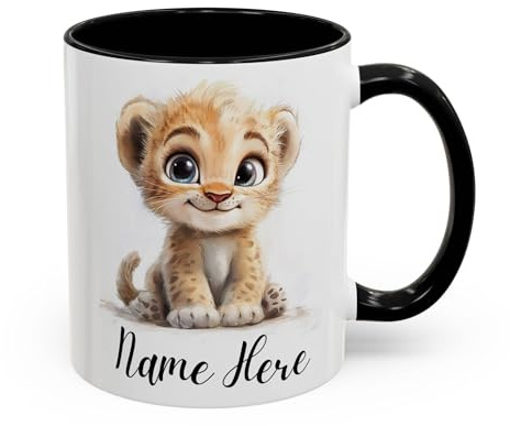 Personalised Name Lion Mug, Custom Cute Lion Cub Mug with Name, Gift for Her, Kids, Baby, Boys & Girls, Birthday Gift Idea (Black 11oz, Mug)