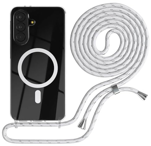 EAZY CASE - Handykette kompatibel mit Galaxy A37 Kette zum Umhängen Stoßfest Handyhülle für Galaxy A37 Silikon Hülle mit Band Handytasche Transparent als Fallschutz in Weiß/Silber
