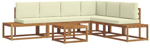 QJBSAVVA Juego de 7 piezas de sofá de jardín con cojín modular de madera de acacia maciza, sofá esquinero grande para terraza, jardín y piscina, en color natural y crema, 273 x 213,5 x 73 cm
