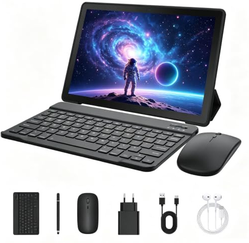 MUTSAY Tablet 10 Zoll Android 16 Tablets PC mit Schutzhülle Tastatur Maus Stift Kopfhörer Netzteil Kabel 20 GB RAM 64 GB ROM IPS 1280x800 Dual-Kamera 5 MP+8 MP 5000 mAh WiFi 6 BT 5.4 (Schwarz)