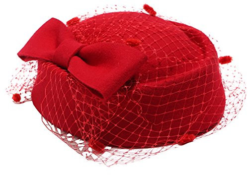 Pillbox Hut Fascinator Baskenmütze Hochzeit Party Zylinder Kirche Wollhut für Damen, Rot/Ausflug, einfarbig (Getaway Solids), Einheitsgröße