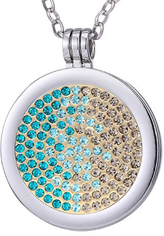 Morella Damen Halskette 70 cm Edelstahl und Anhänger mit Coin Zirkoniasteine grün-blau-Silber 33 mm im Schmuckbeutel
