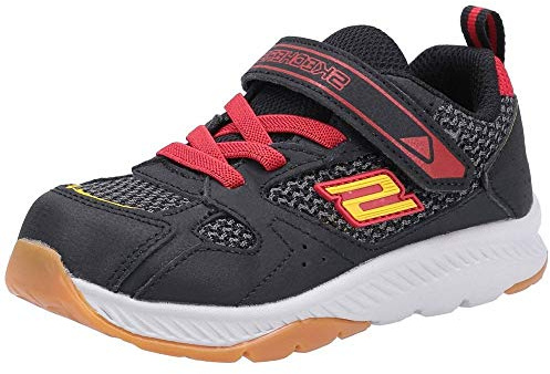 Skechers Baby Boy's Comfy Grip Sneakers, Black Black Leather Black Charcoal Textile Red Trim Bkrd, 5 UK Child