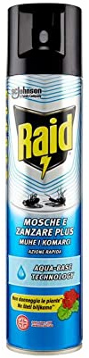Raid Mosche e Zanzare Plus Spray Insetticida, Antizanzare e Antimosche, Aqua Base Technology, 1 Confezione da 400ml