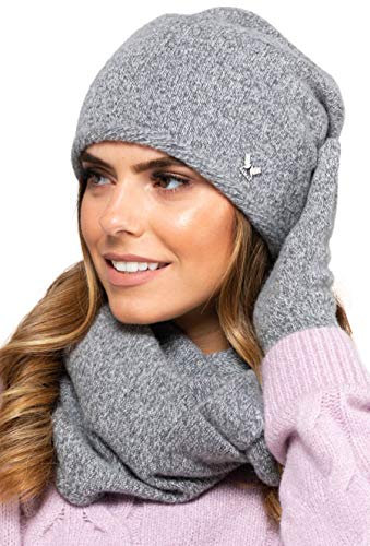 Kamea Winterset für Damen Anna 2-Teilig bestehend aus Loop-Schal und Wintermütze, Beanie, Damenschal als Winter-Schal, hergestellt in EU, Winter Set:Hellgrau