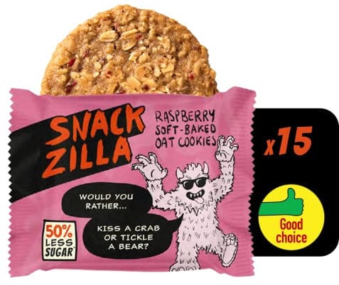 Snackzilla Raspberry Oat Cookies (Pack of 15 x 30g) - 50% Less Sugar Cookies Oat Biscuits Multipack Soft Baked Lunch Box Snacks Healthy Snacks for Kids Vegan Biscuits Individually Wrapped