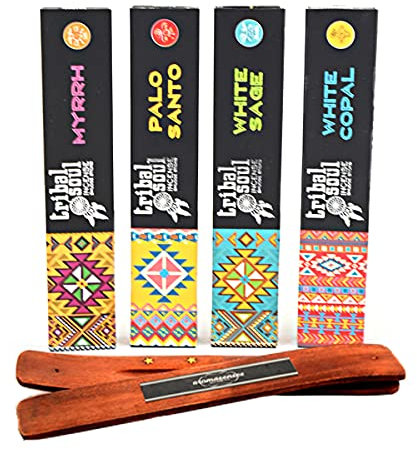 Tribal Soul Räucherstäbchen, 4 Schachteln à 15 Gramm, Myrrhe, Palo Santo, weißer Salbei und weißer Copal + Aromasenses Räucherstäbchenhalter