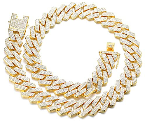 Halukakah Diamant Goldkette für Männer Iced Out,20MM Rautenblitz Dreireihige Diamanten 18k Echt Vergoldet Halskette 40cm,Voll Cz Diamant Schnitt Zinken-Set,Geschenk für Ihn