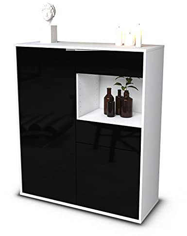 Stil.Zeit Highboard Leoni, Korpus Weiss matt, Front Hochglanz-Design Schwarz (92x108x35cm), Push-to-Open Technik & Leichtlaufschienen