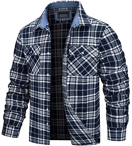TACVASEN Flannel Shirt - Mens Casual Button Down Long Sleeve Cotton Flannel Jacket - Warm Plaid Work Shirt - Navy Blue, 2XL