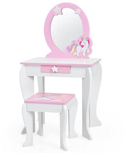 RELAX4LIFE 2 in 1 Kinder Schminktisch, Frisiertisch mit Hocker & abnehmbarem Spiegel & Schublade, Frisierkommode Holz, Spiegeltisch mit Stabiler Struktur, Süßes Geschenk für Mädchen Prinzessin (Weiß)