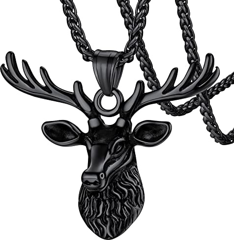 FaithHeart Viking Hirsch Kette für Herren Jungen Retro Tratenschmuck Wikinger Tier Anhänger mit Rune Punk Stil Hirsch Amulett mit 55cm Weizenkette für Vatertag Muttertag Geburtstag