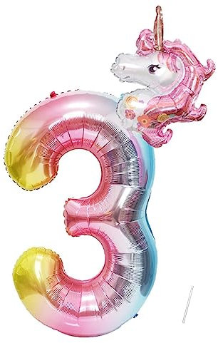 Geburtstag Folienballon Zahl 3 Mit Einhorn, 101 cm Regenbogen Luftballons, Helium Ballon, Mädchen Geburtstag Luftballon Deko Hochzeit Jubiläum Fest Party Dekoration - Fliegt Mit Helium