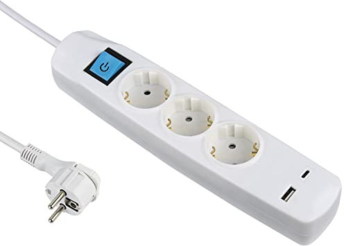 Electraline 62162 Regleta Base Multiple 3 Tomas Schuko + 2 USB 3.4A 17W (1 Tipo A + 1 Tipo C), Interruptor ON/OFF, Clavija Extra Plana Schuko, Cable 1.5M