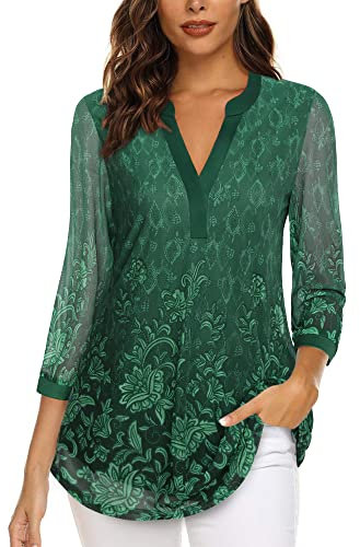 Vafoly Blusen & Tuniken für Damen Business Casual Tops, Frauen Büro Arbeit Henley V-Ausschnitt 3/4 Ärmel Tunika Tops für Damen Frühling Herbst Damenbekleidung Multicolor Grün L