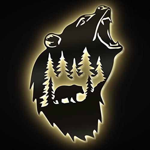 Namofactur Led Bär Wand Deko Dekoration Geschenke Mdf Holz Wandlampe für Männer Frauen Jäger Mit Edelstahl Wandhalter I Batteriebetrieb