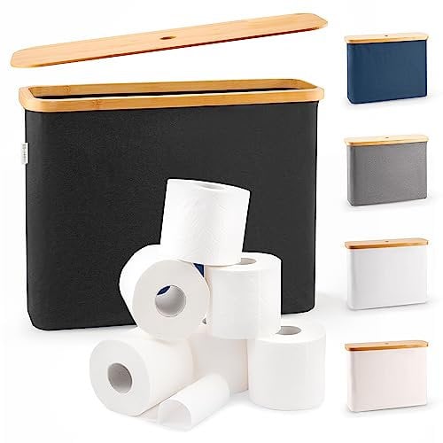 Lonbet Toilettenpapier Aufbewahrung Box mit Deckel aus Bambus - Klopapier Aufbewahrung 12 Rollen - Stapelbar, Wasserdicht, Antibakteriell & Atmungsaktiv, Badezimmer, Schwarz 45x15x34.5cm