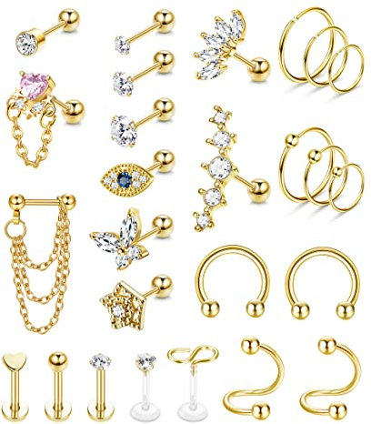 JeweBella 26 Stück 16G Chirurgenstahl Helix Piercing Knorpel Tragus Piercing Set für Damen Mädchen CZ Labret Piercing Knorpelohrstecker Nasenpiercing Conch Piercing Forward Helix Piercing Schmuck Set