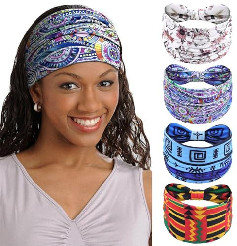 Kavya Stirnband Damen Haarband Afrika Haarbänder Boho Haarreifen Damen Breit Headband Elastische Haarschmuck(Blau)