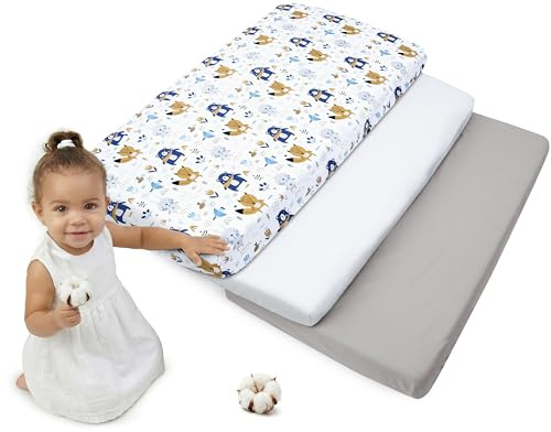 Medi Partners Drap Housse 60x120 Lot de 3 Enfant Bébé - 100% Coton Fitted Lit pour Baby Bed Cover Sheets literie Mattress Couette (Boho Animals-Blanc-Gris)