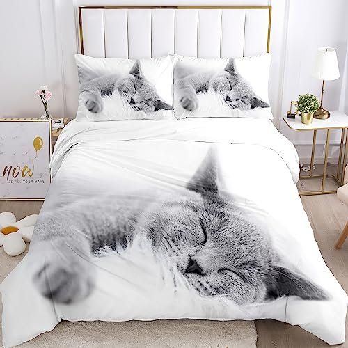UGZDEA Katze Bettwäsche Set, nettes 3D Haustier Katze Weiches Mikrofaser Steppbrett Set Mädchen Jungen Bettwäsche mit Bettbezug und Kissenbezug (A, Single(135x200cm))