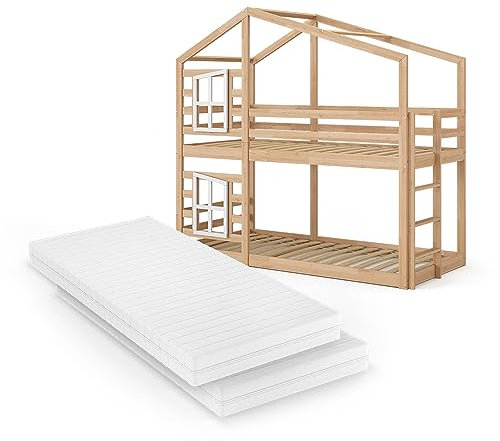 VitaliSpa Etagenbett Maja, Jugendbett, Naturholz, 90x200 cm mit 2 Matratzen